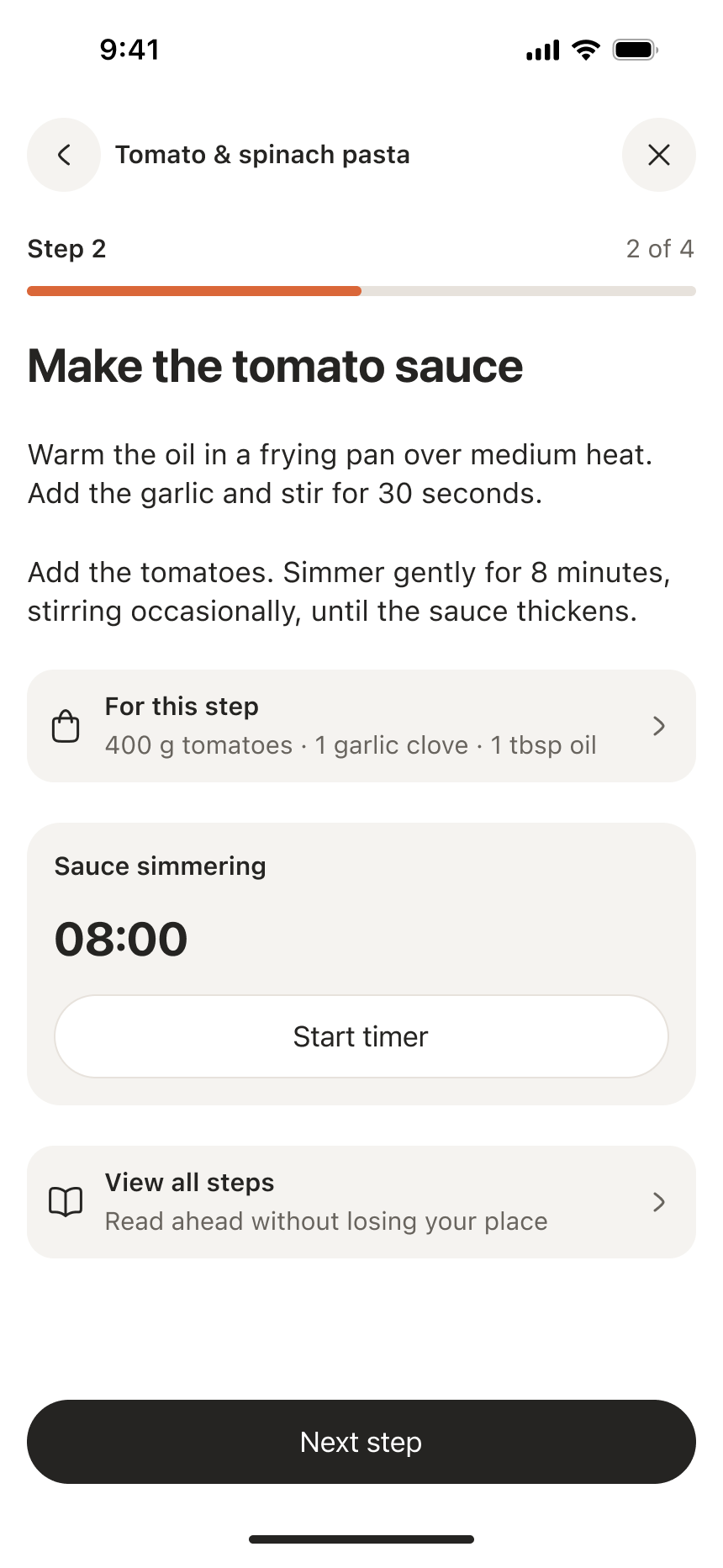 Pasta cooking mode showing one clear instruction, cooking progress and a timer.