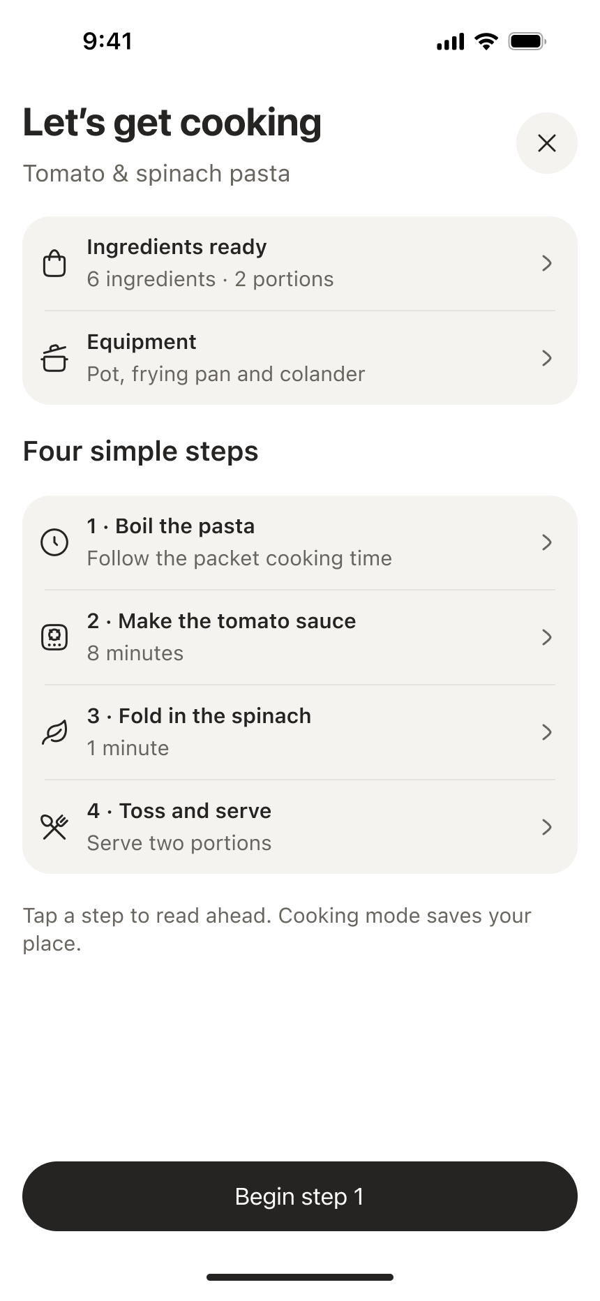 Chef Engine preparation checklist with the ingredients and equipment for pasta.