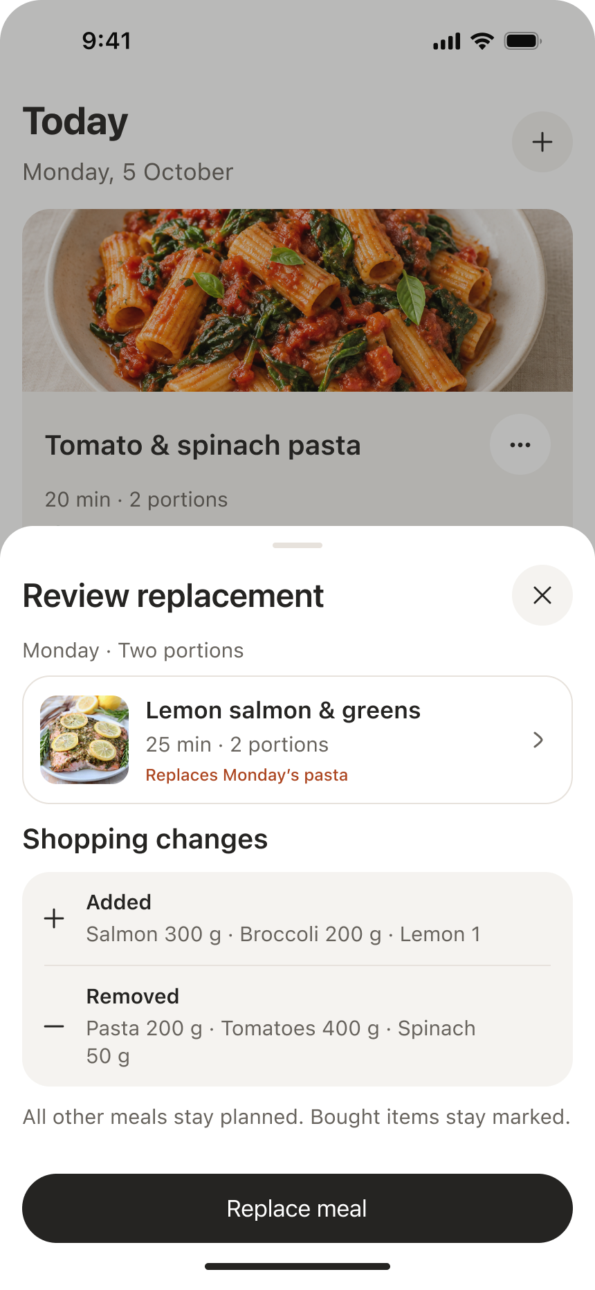 Chef Engine replacement preview listing groceries to add and remove.