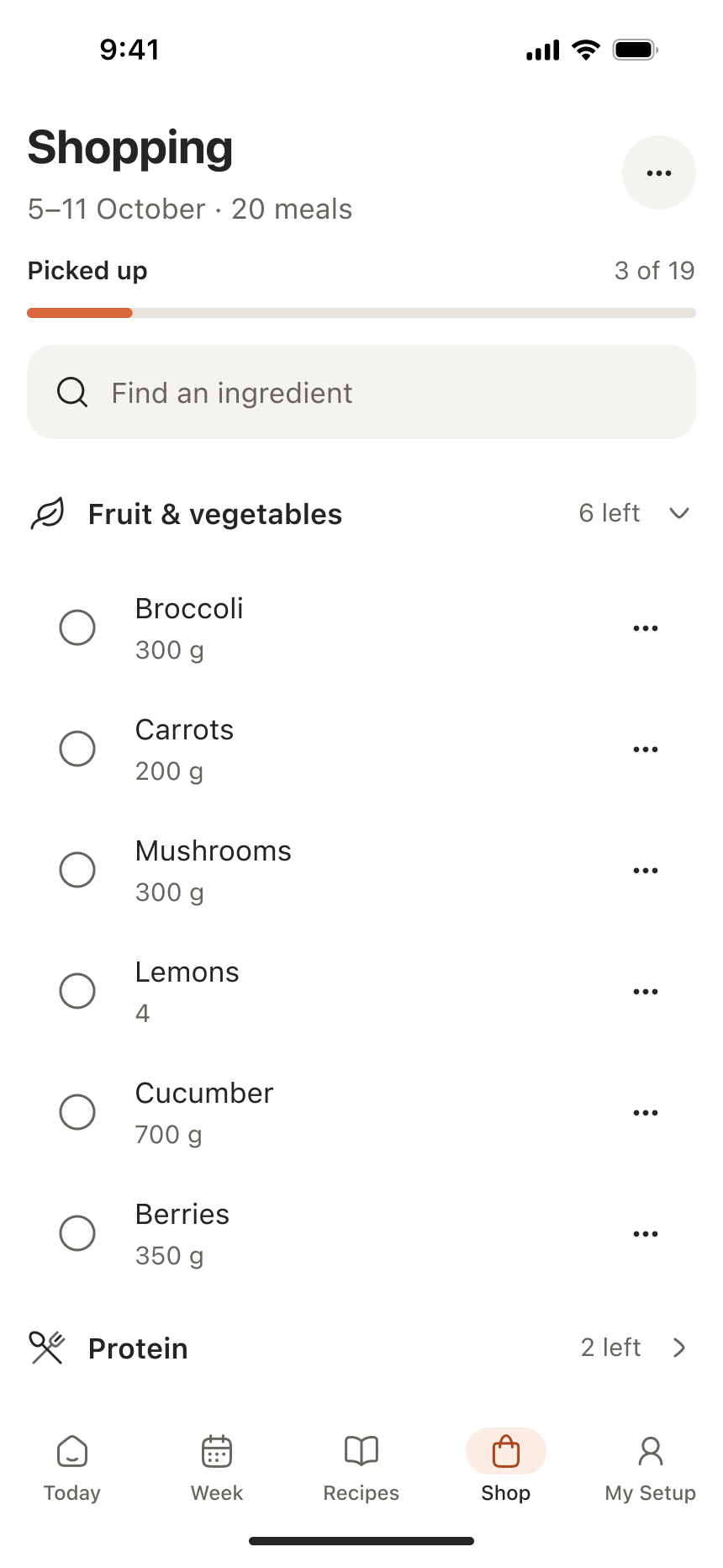 Chef Engine grocery checklist with quantities, category groups and shopping progress.