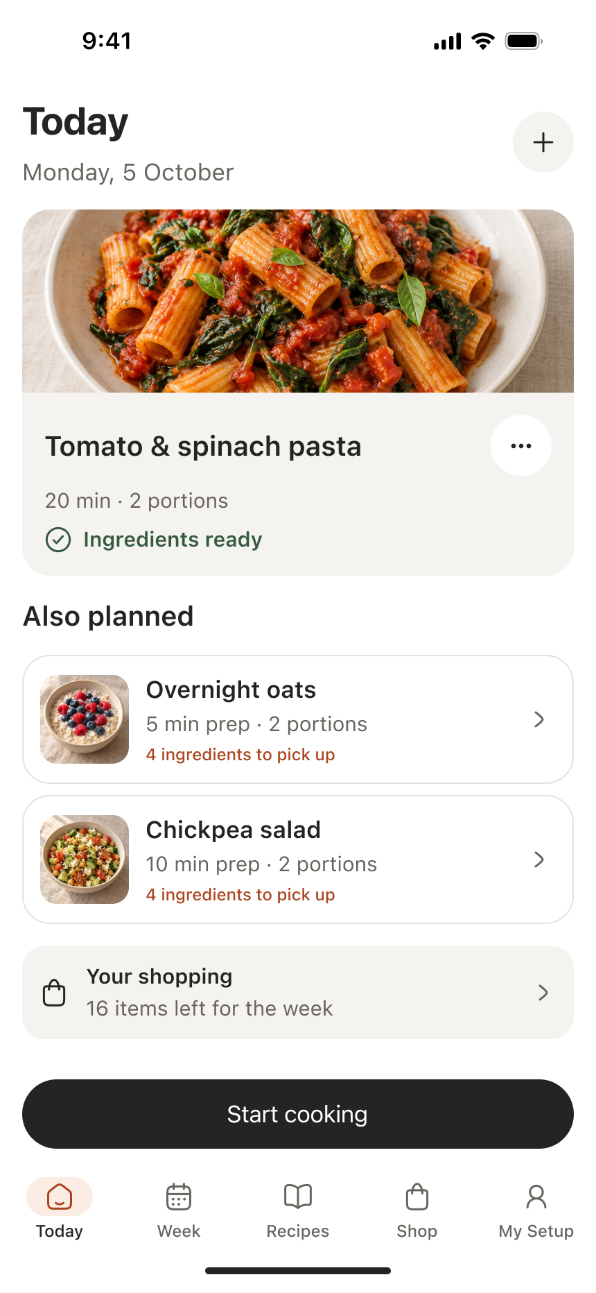 Chef Engine daily plan with breakfast, lunch and dinner, and a ready-to-cook meal.