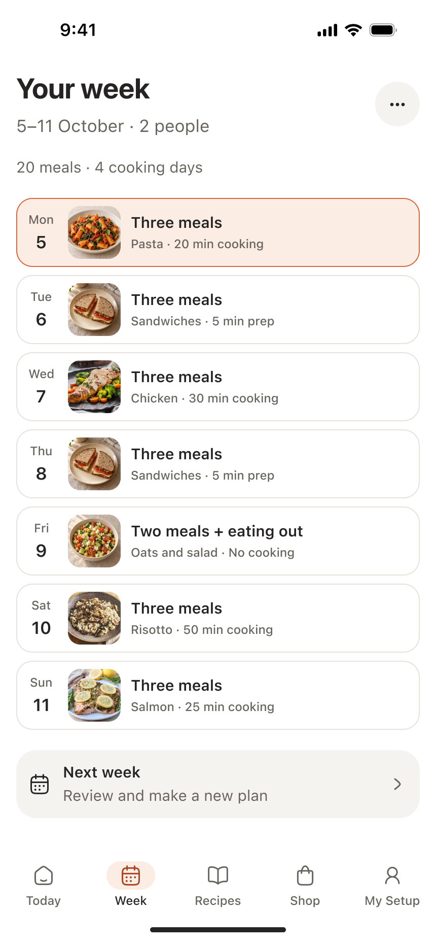 Chef Engine weekly meal plan for two people, with separate cards for all seven days.